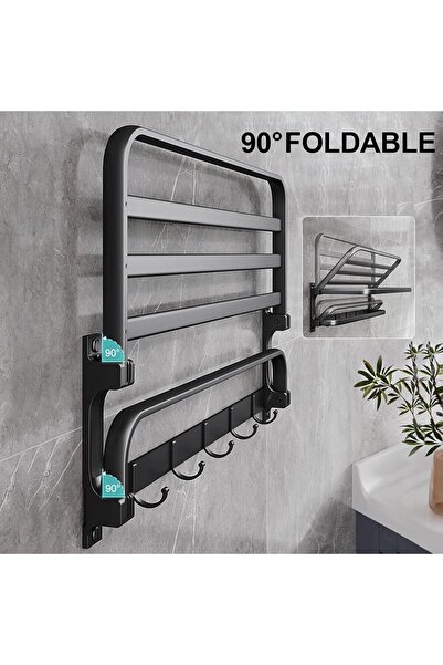 OEM Suport prosoape, aluminiu, autoadeziv, pliabil 90°, 58x23x18 cm, finisaj mat, negru