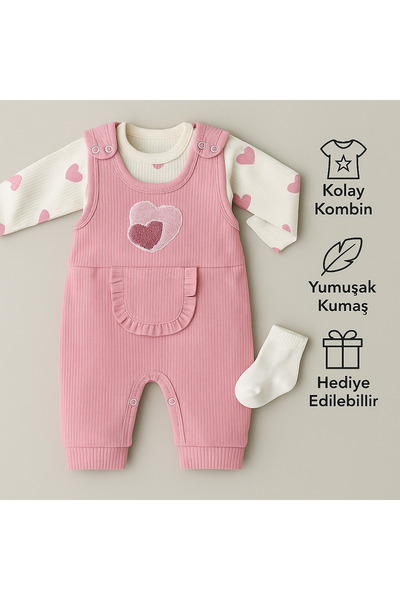 MYZİ STORE Baby Girl 3-Piece Romper Set - Heart Patterned Bodysuit, Plum Salopet and Socks Set, Cotton