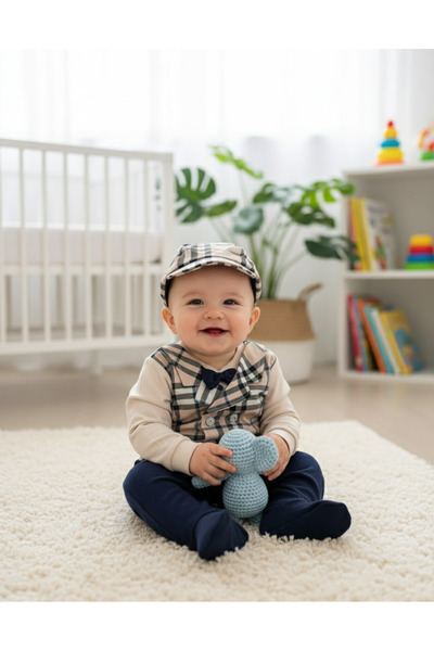 YusGos Baby Boy Romper with Checkered Bow Tie Hat
