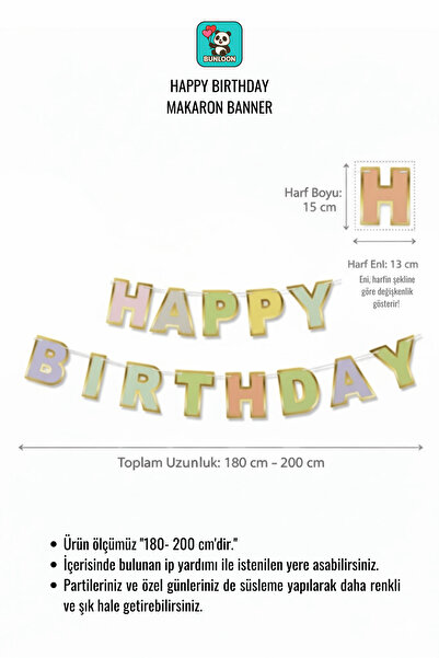 Bunloon Gold Kenar Makaron Happy Birthday Banner - Birthday Lettering