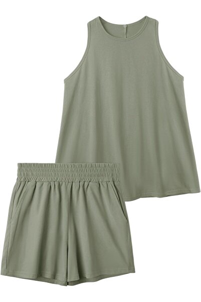 REORIA Women Cotton Tracksuit Sleeveless I-Back A-line Top & Shorts Two-Piece Set