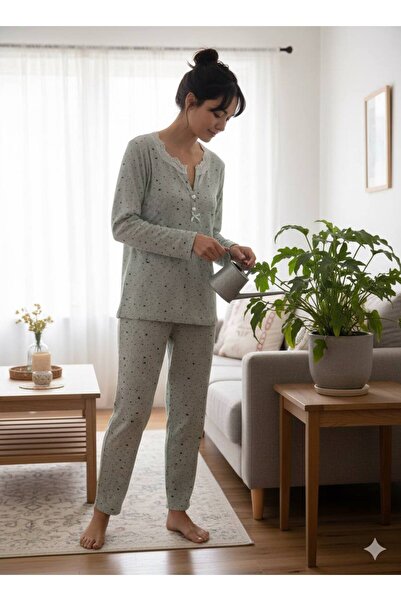 inspira lingerie Lace Collar Detailed Cotton Combed Fabric Pajama Set