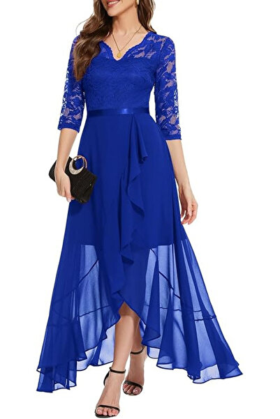 OEM Rochie elegantă de la Bbonlinedress, mărimea XL, nailon, decolteu în V, dantelă și șifon, mâneci 3/4, albastru regal