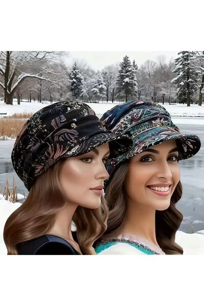 MORESUN Kadın Bohem Çiçekli Polar Astarlı Kışlık Şapka 1 Adet