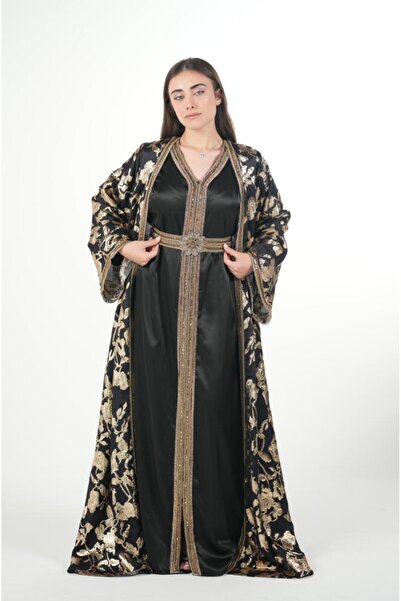 al bent al sharqieh Moroccan embroidered satin kaftan dress with a waist belt