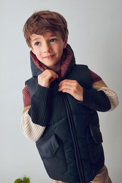 MAYORAL Boy 4-9 Years Old Double-Sided Hooded Vest Navy Blue