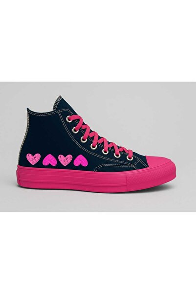 LİASSHOES Pink Hearts Printed Black Pink Sole Children's Sports Shoes Sneaker
