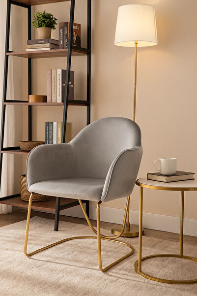 MARIA HOMES Luxury Grey Velvet Accent Chair with Gold Metal Legs, Modern Upholstered Dining & Office Chair