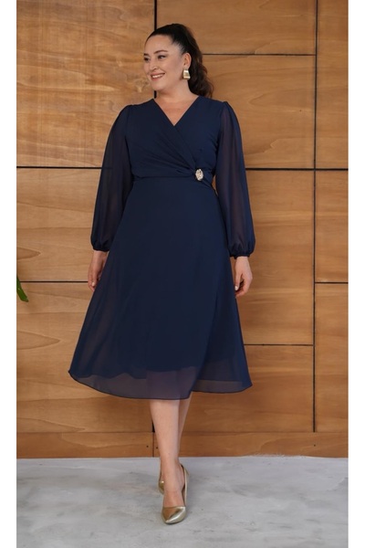 Butik Nilyam Women's Plus Size Double-Breasted Collar Balloon Sleeve Waist Brooch Detail Midi Chiffon Evening Dress 25060