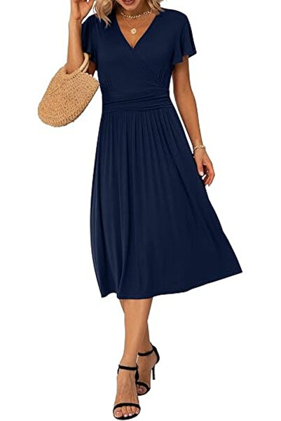 OEM Rochie elegantă de damă Jiraewh, midi, cu decolteu în V, talie înaltă, croială în linie A, mărimea S, albastru închis