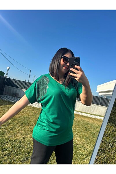 charamela Women's Plus Size Wide Fit Shoulder Embellished Green Blouse-Bgb111 -