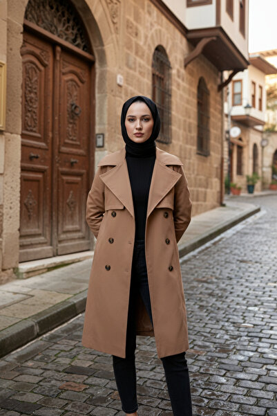 Zeneva Collection Dark Beige 100% Cotton Gabardine Midi (95 cm) Lined Belted Women's Hijab Trench Coat