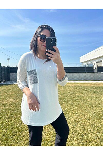 charamela Women's Plus Size Pocket Stone Detailed Ecru Blouse-Bgb126 -