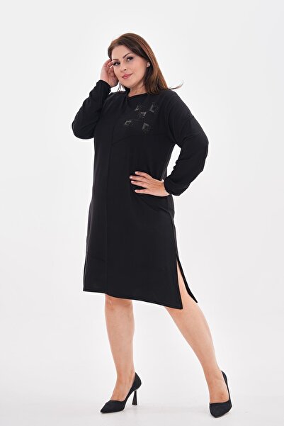 charamela Büyük beden örme tunik siyah taşlı bluz -