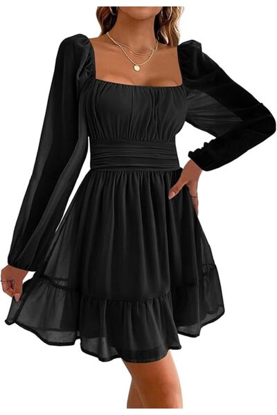 OEM Γυναικείο φόρεμα Imily Bela, μίνι, μαύρο, μέγεθος S, τετράγωνο ντεκολτέ, μακριά μανίκια