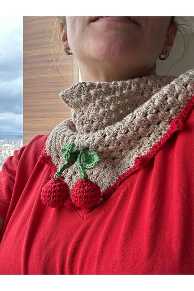 Patiska Tasarım Handmade Elegance: Cream Beige Cherry Detailed Crochet Bandana, Knitted Hair Accessory
