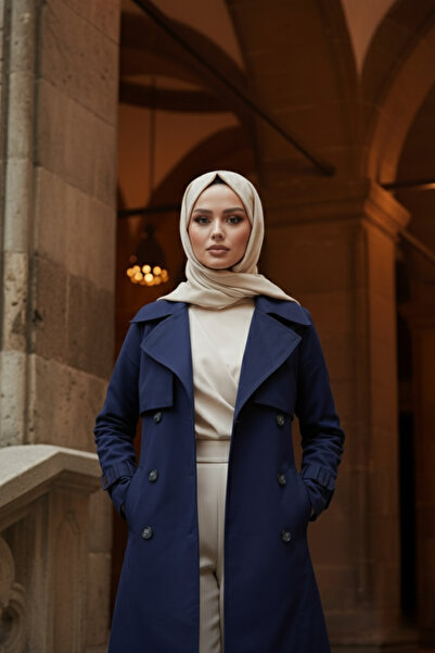 Zeneva Collection Lacivert %100 Pamuk Gabardin Midi (95 cm) Astarlı Kemerli Kadın Tesettür Trençkot