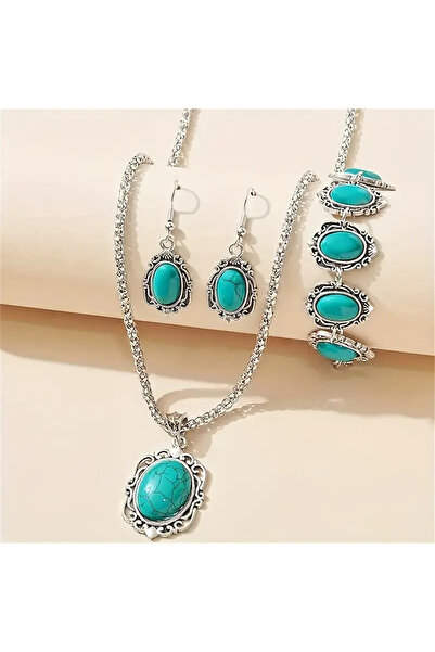 İnci Mercan Bujiteri 4 Parça Turkuaz İşlemeli Takı Seti - 1 Çift Sallantılı Küpe +1 Adet Kolye +1 Bilezik