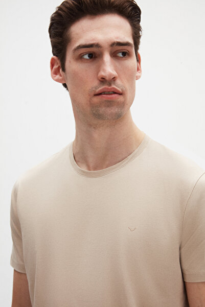 D'S Damat Ds Damat Regular Fit Beige Plain Embroidered 100% Cotton T-Shirt
