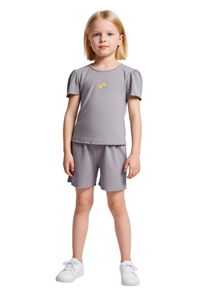 PayBuy Girls' Cotton Minimal Embroidered Crew Neck Short Sleeve t Shirt and Shorts Set Good Quality