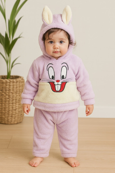Arı Bebe Baby Girl Welsoft Tracksuit Set with Bunny Ears Embroidery