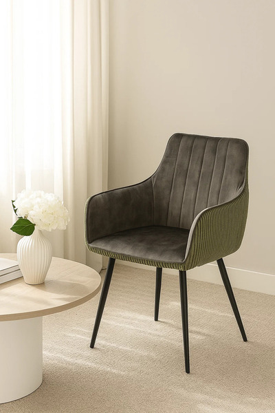 MARIA HOMES Green Grey Fabric Chair with Metal Legs | Modern Comfortable Chai...