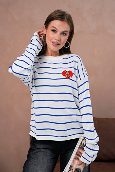 Noi Belis Oversized Striped Teddy Bear Detailed Crew Neck Sweater Aw25Kz0070