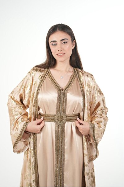 al bent al sharqieh Moroccan embroidered satin kaftan dress with a waist belt