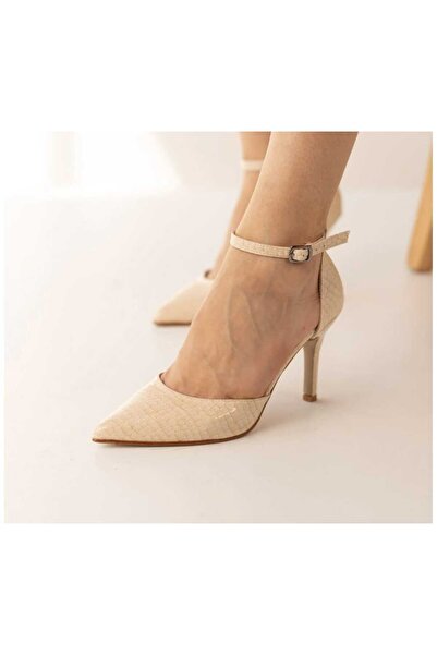 nuvilo حذاء نسائي بكعب رفيع مدبب من الجلد البيج بنمط جلد الثعبان مقاس 8.5 سم