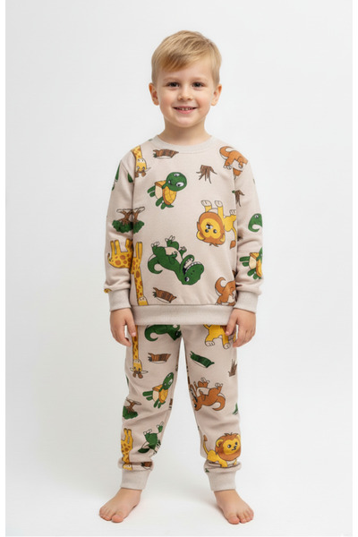 Arya Nisa Kids Boy's Fleece-Lined Cotton Brown Safari Lion Giraffe Printed Pajama Set