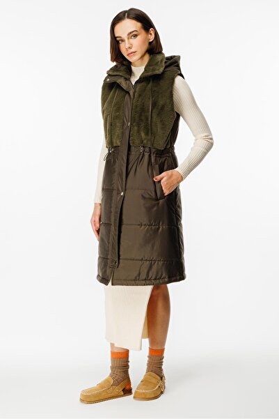 Micca Puf Kapitone Dolgulu Soft Peluş Garni Yelek-Haki