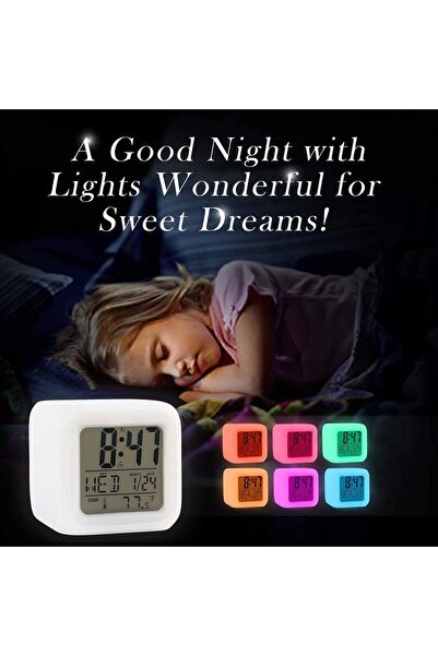 MRG M877 Thermometer Clock, LCD, 7 LED Lights, White