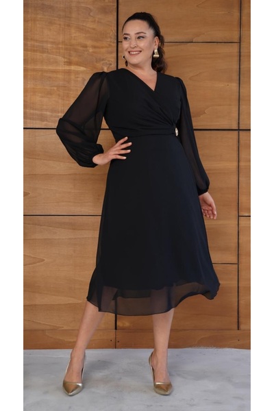 Butik Nilyam Women's Plus Size Double-Breasted Collar Balloon Sleeve Waist Brooch Detail Midi Chiffon Evening Dress 25060