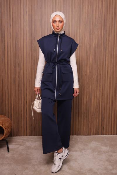 Mogi Butik Women's Scuba Fabric Drawstring Waist Belted Vest Set Hijab Set 3119