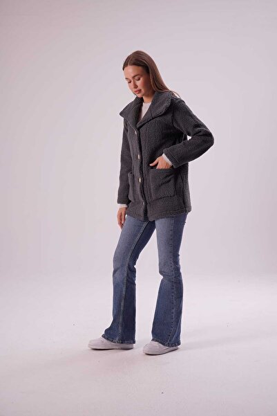 EtkiModa Women's Smoked Buttoned Faux Lamb Fur Cardigan