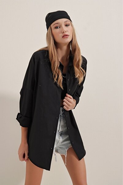 NorthAK Women's Black Oversized Long Basic Shirt Without Pockets