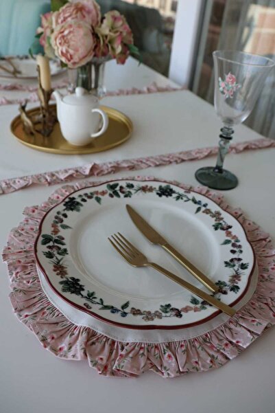 vintagetasarım Supla Round American Placemat Off White Ruffled Pink Floral Vintage 35X35Cm 2 Pieces