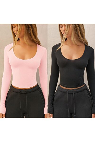 ÖZ PAMUK Square Neck 2-Pack Basic Plain Fabric Long Sleeve Lycra Blouse