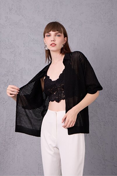 Su Moda Kadın hırka triko merserize kısa kollu file polo yaka trend