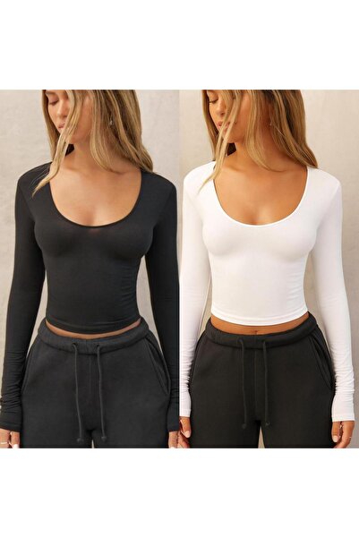 ÖZ PAMUK Square Neck 2-Pack Basic Plain Fabric Long Sleeve Lycra Blouse