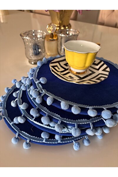 Ayd Home 4-Piece Blue Pompom Coffee Coaster 20 cm Presentation Christmas New Year