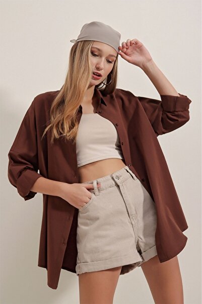 NorthAK Women's Chocolate Oversized Long Basic Shirt Without Pockets