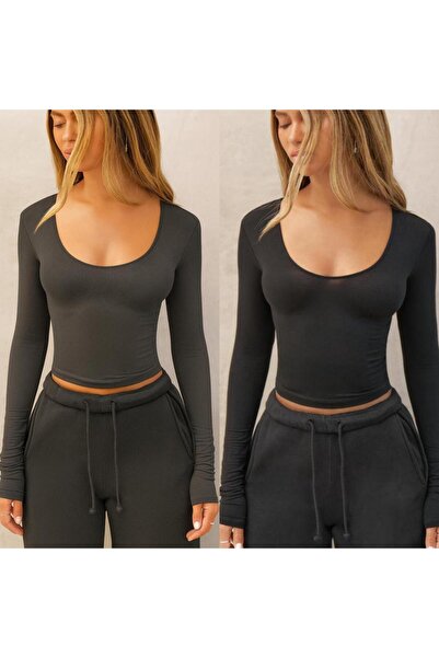 ÖZ PAMUK Square Neck 2-Pack Basic Plain Fabric Long Sleeve Lycra Blouse