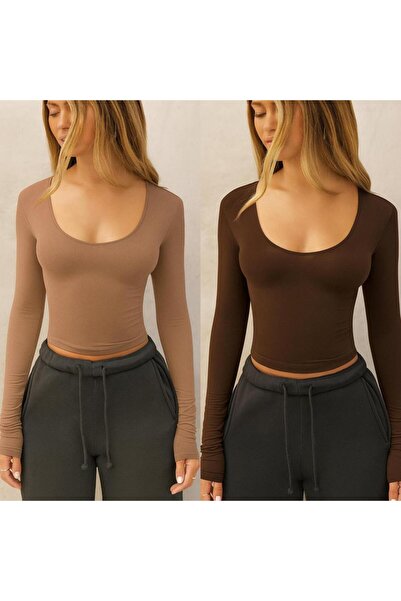 ÖZ PAMUK Square Neck 2-Pack Basic Plain Fabric Long Sleeve Lycra Blouse