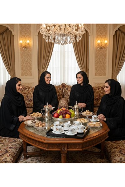 FM Royal hospitality set, 6 gilded cups with a wicker serving tray with gold handles in a turquoise pattern, luxury hospitality set