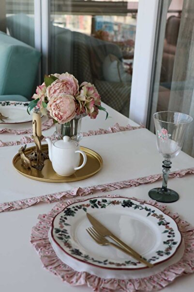 vintagetasarım Supla Round American Placemat Off White Ruffled Pink Floral Vintage 35X35Cm 2 Pieces