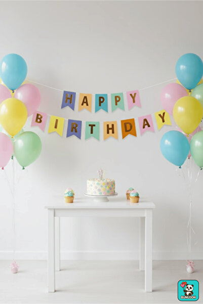 Bunloon Makaron Gold Happy Birthday Written Banner – Stylish Birthday Lettering in Pastel Tones