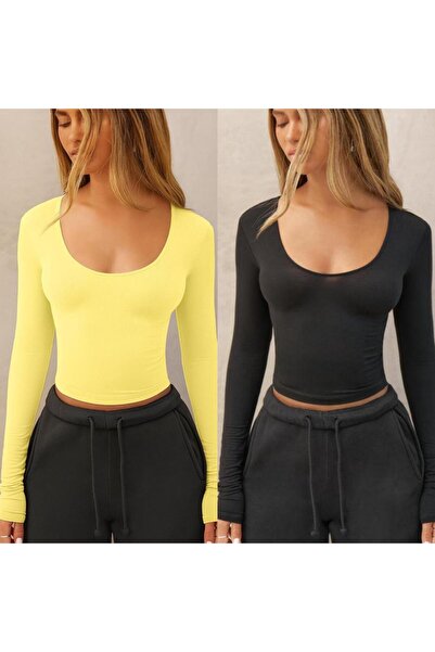 ÖZ PAMUK Square Neck 2-Pack Basic Plain Fabric Long Sleeve Lycra Blouse