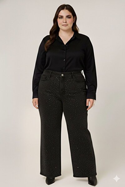 FİVA JEANS Plus Size Premium Rhinestone Wide Leg Pants