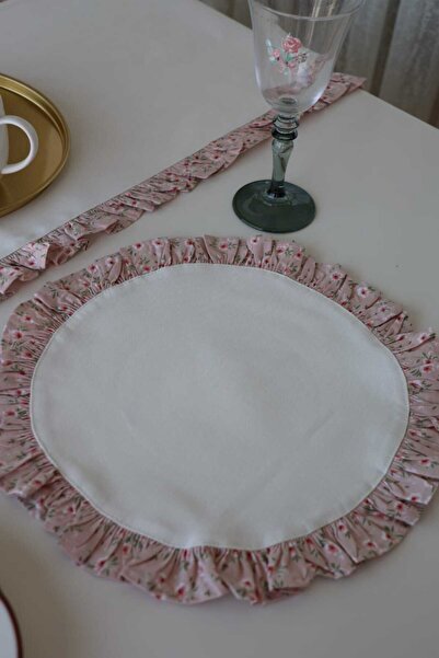 vintagetasarım Supla Round American Placemat Off White Ruffled Pink Floral Vintage 35X35Cm 2 Pieces